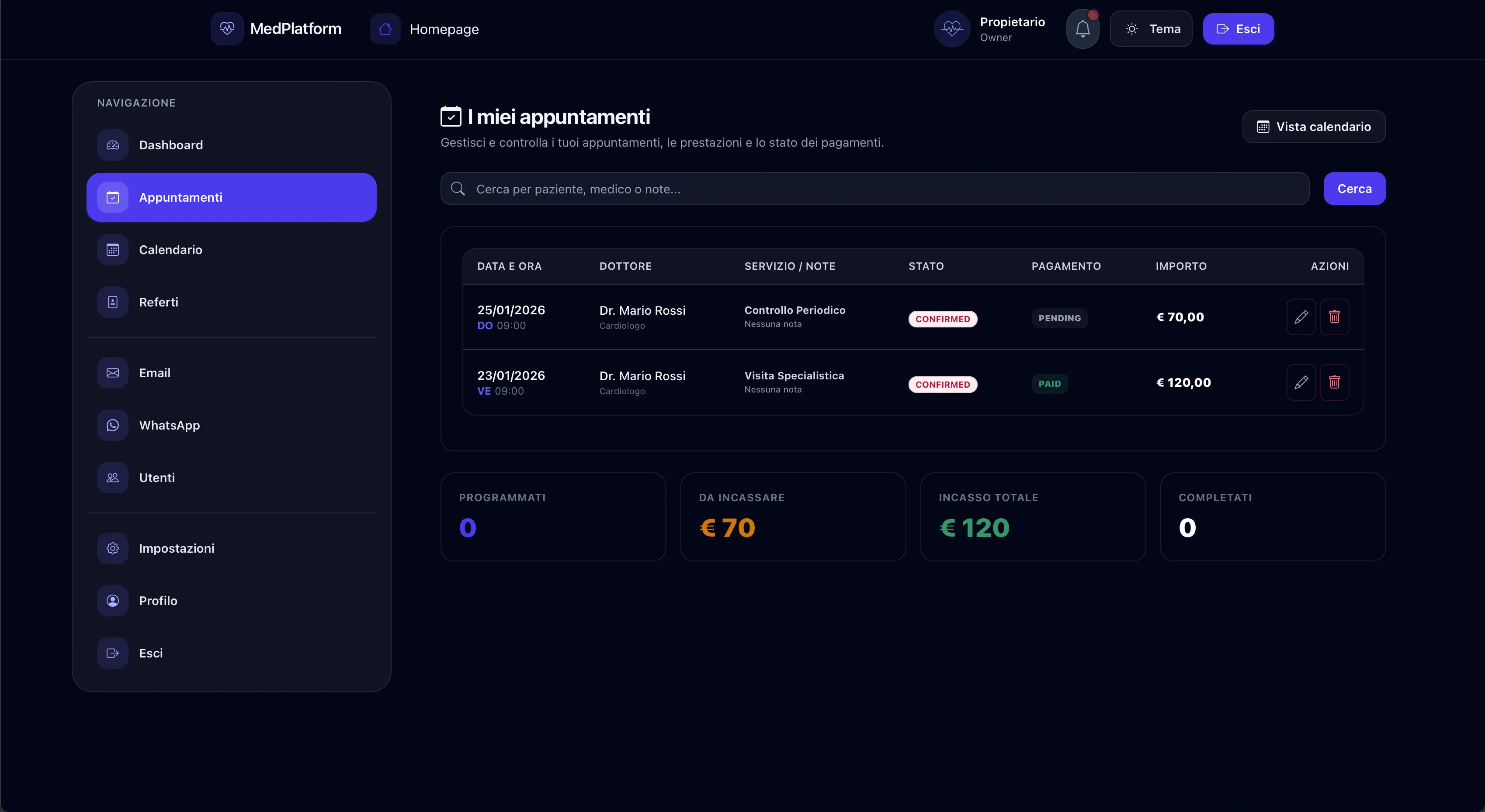 Agenda appuntamenti di MedPlatform