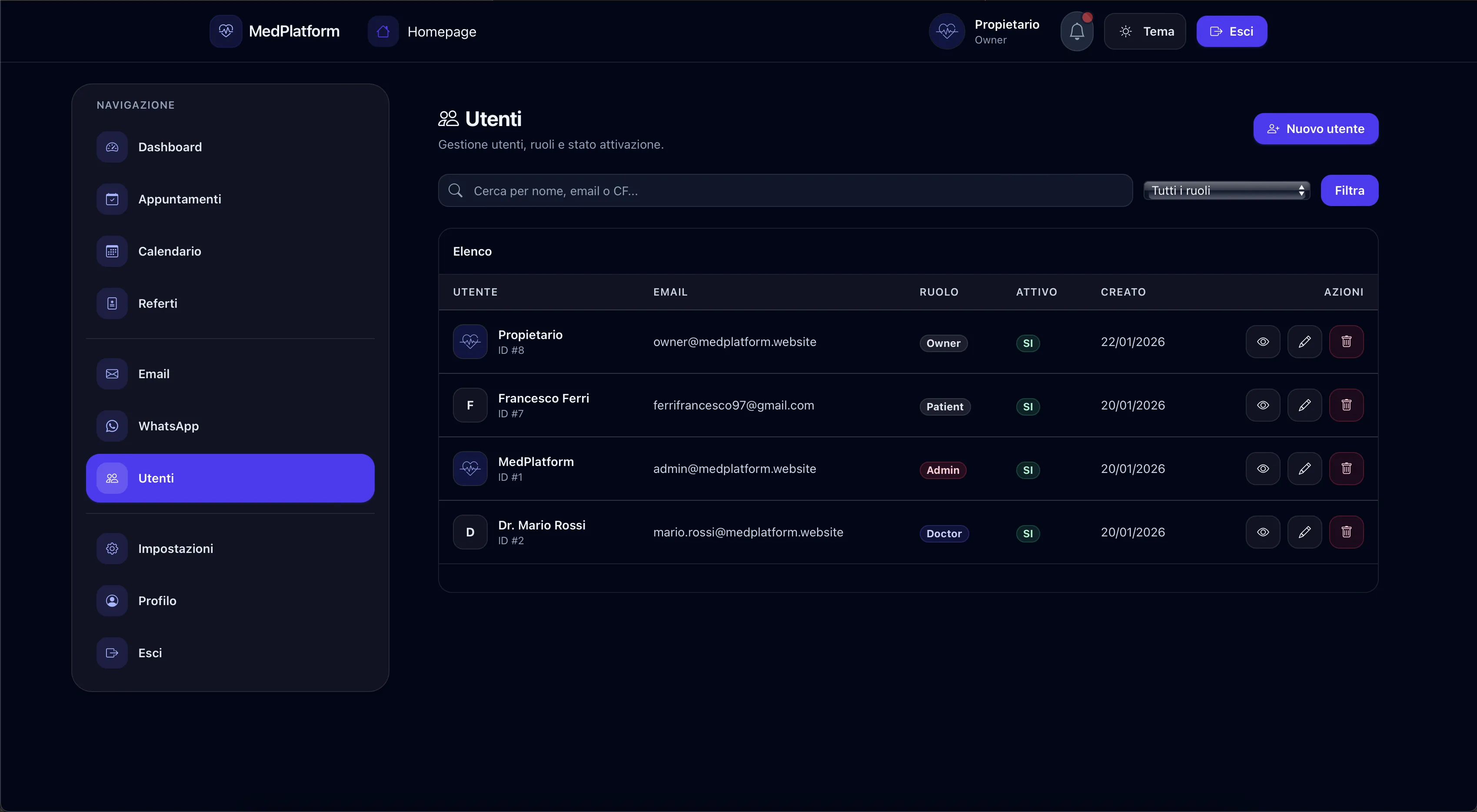 Gestione utenti e ruoli in MedPlatform